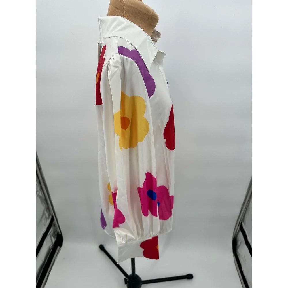 Floral Print‎ Long Sleeve Button Down Shirt Colorful Flowers Funky - Picture 5 of 10